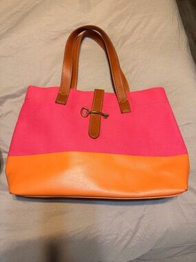 Fossil Pink and Orange Colorblock Tote with Brown Handles